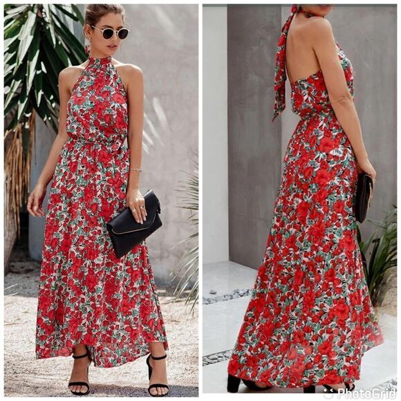 NWT PRETTYGARDEN Casual Sleeveless Floral Backless Halter Neck Ruffle Long - Picture 1 of 12